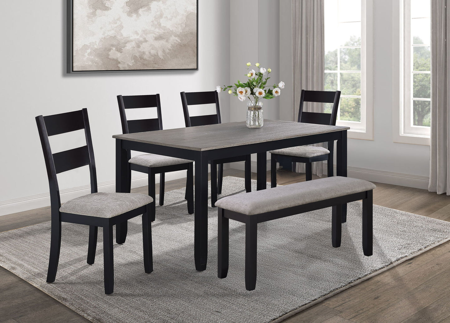Lester - 6 Piece Dining Set With Bench - Light Gray