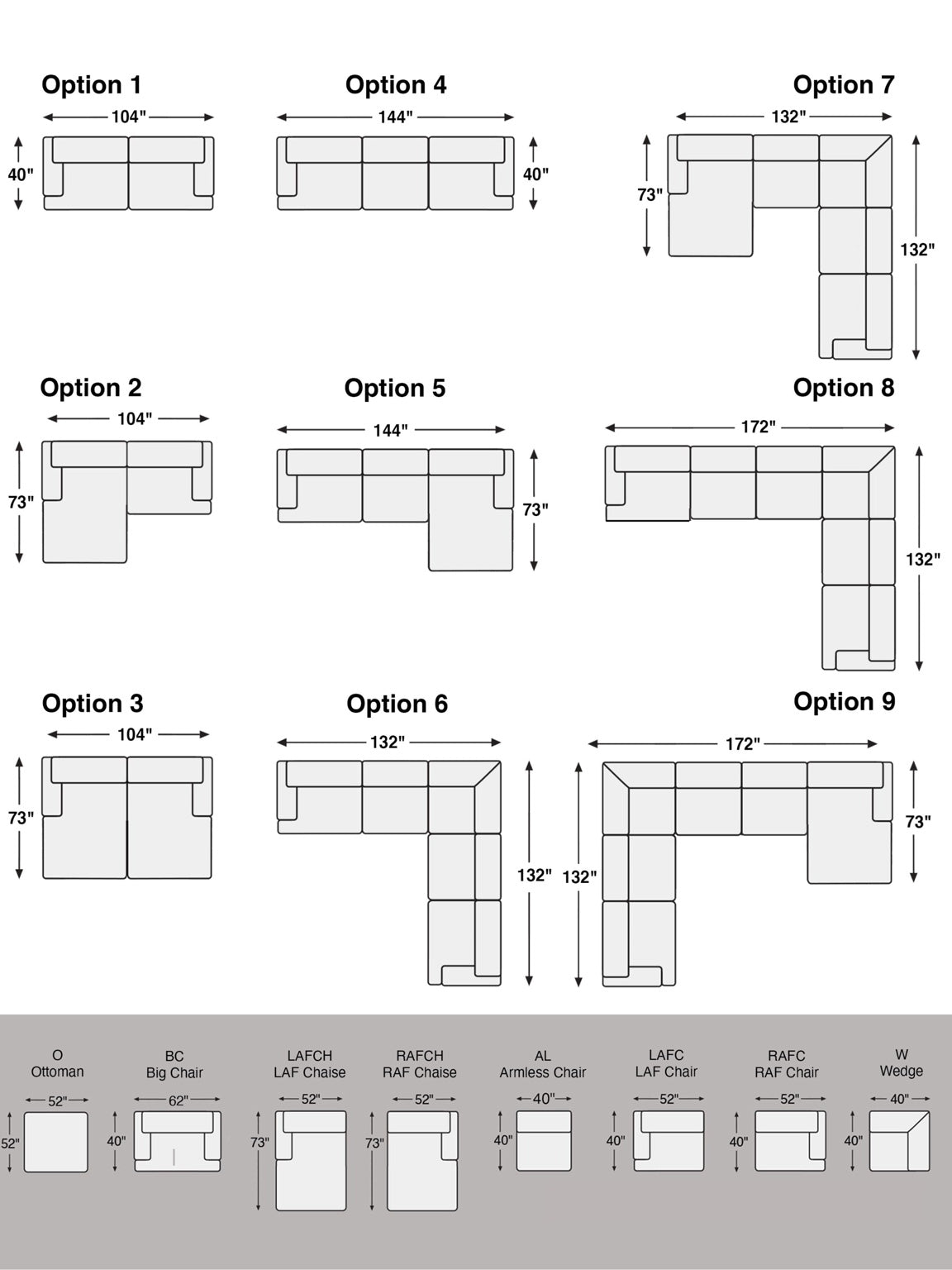 Configuration dimensions chart for Options 1 through 9