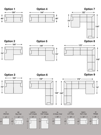 Configuration dimensions chart for Options 1 through 9