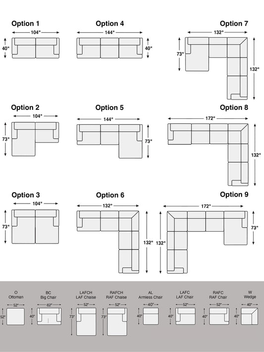 Configuration dimensions chart for Options 1 through 9