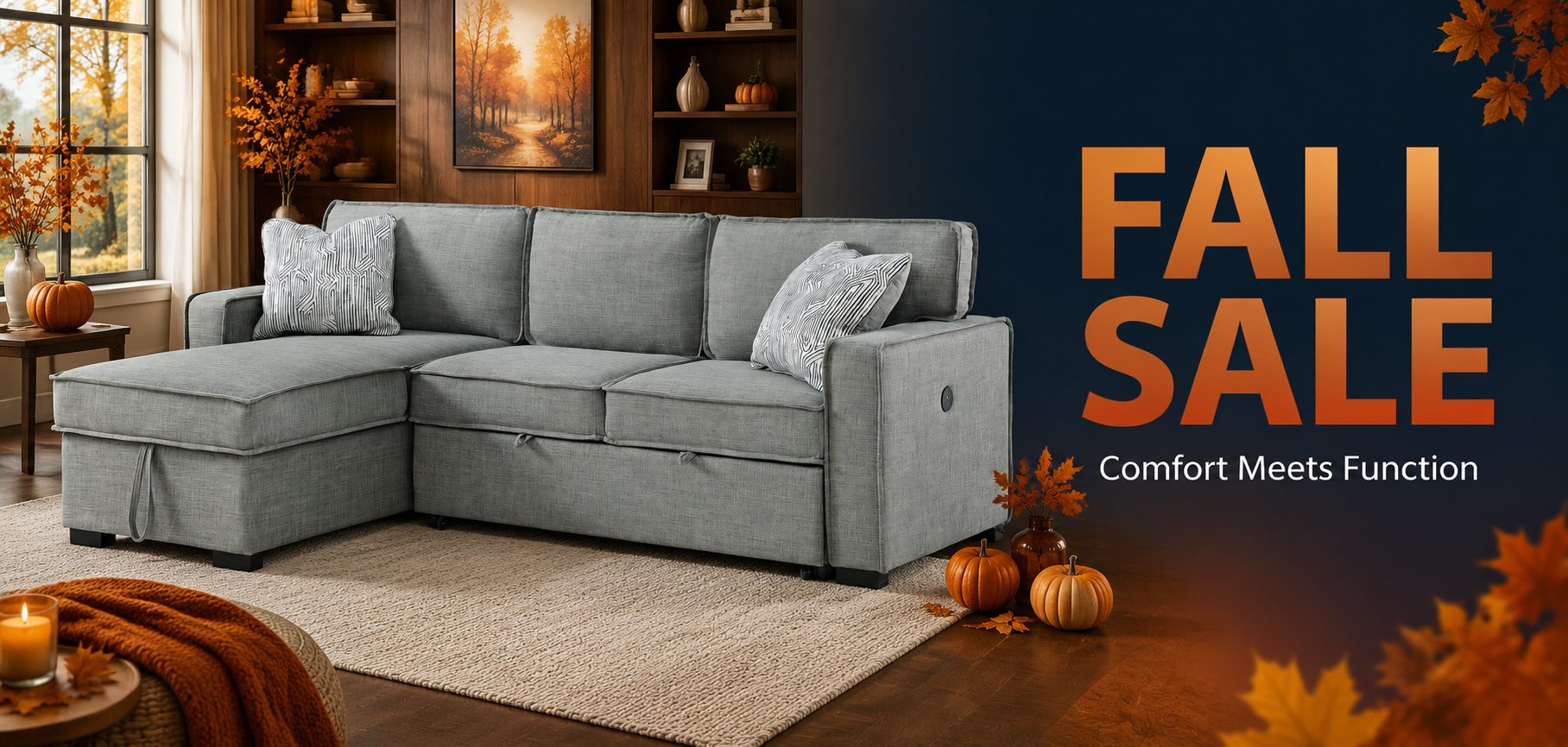 Fall Sale banner featuring the gray Caracas sleeper sectional