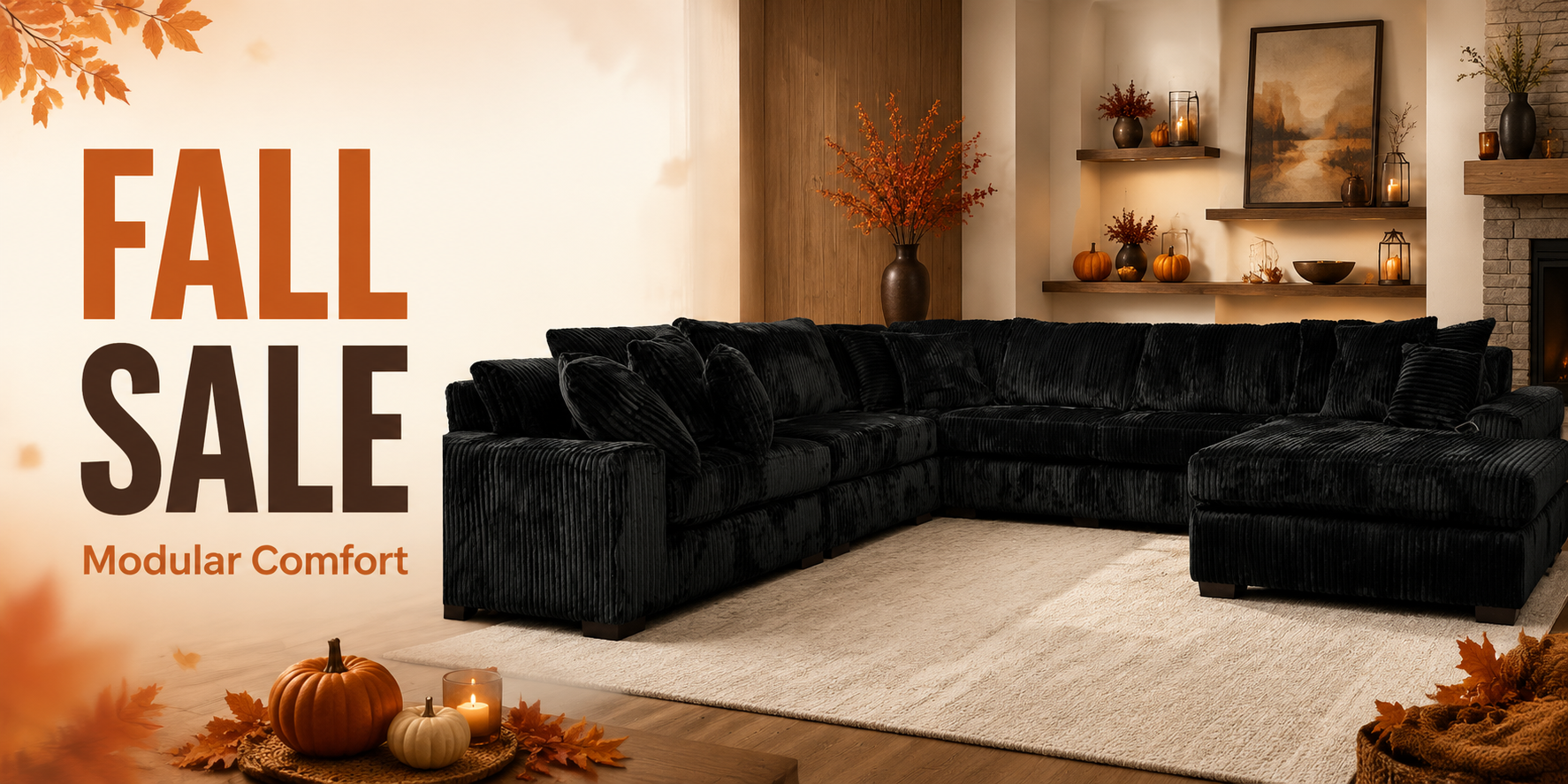 Fall Sale banner featuring the black corduroy modular sectional