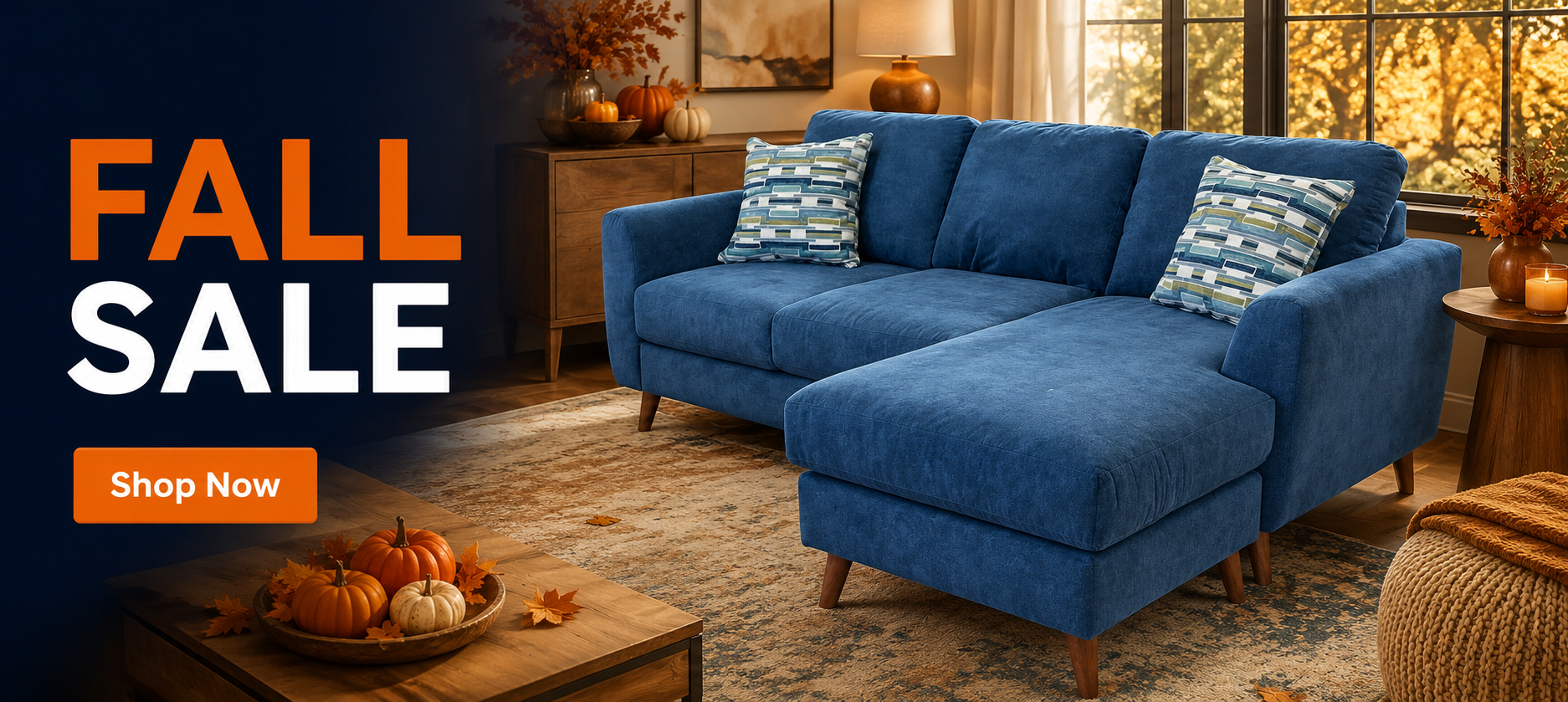 Fall Sale banner featuring the indigo Venus reversible chaise
