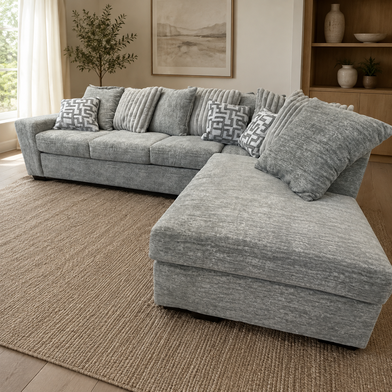 Galactic 2-Piece Sectional in Light Gray in an inviting contemporary living room