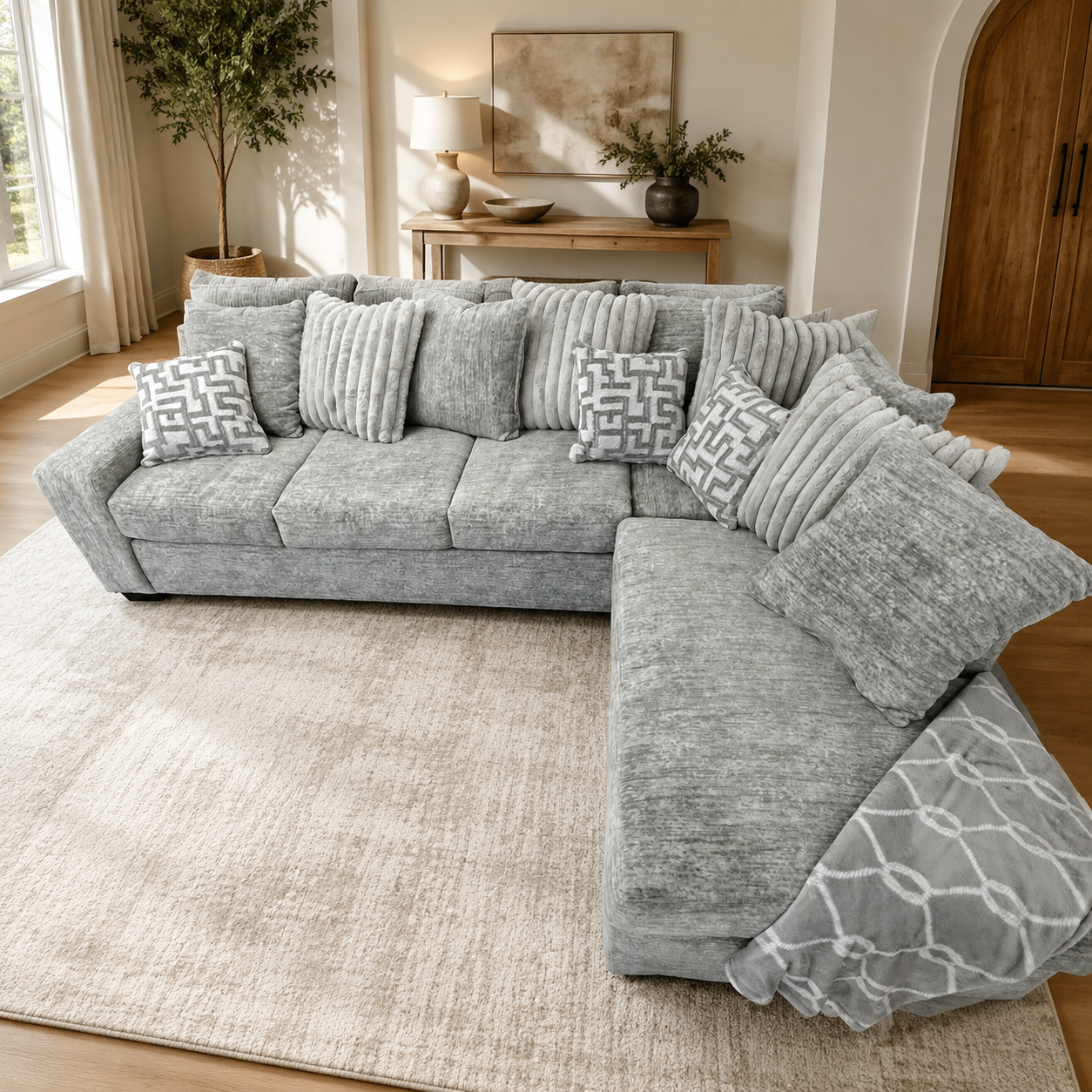 Galactic 2-Piece Sectional in Light Gray in an inviting contemporary living room
